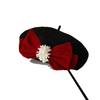 Autumn and winter bow beret woolen pearl versatile big head circumference showing face small painter hat flat top national style