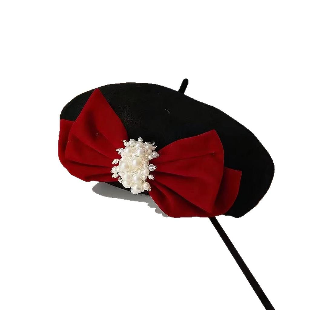 Autumn and winter bow beret woolen pearl versatile big head circumference showing face small painter hat flat top national style