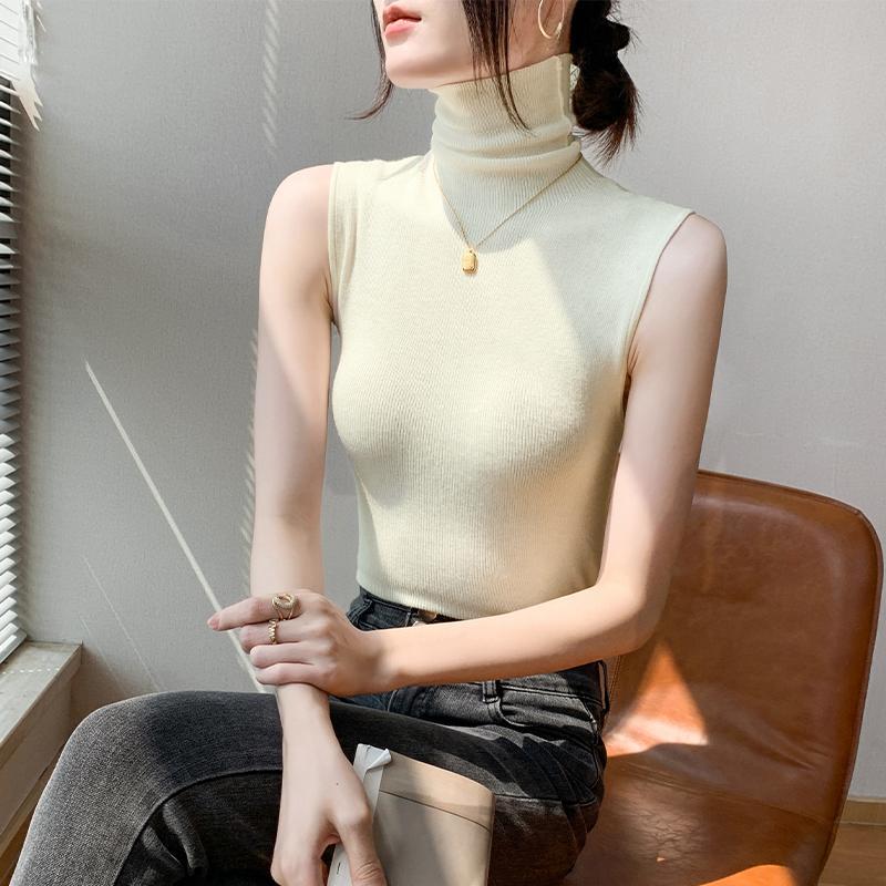 Women's Turtleneck Knit Vest Autumn Winter Slim Fit Slouchy Collar Shrug Sleeveless Lining Top