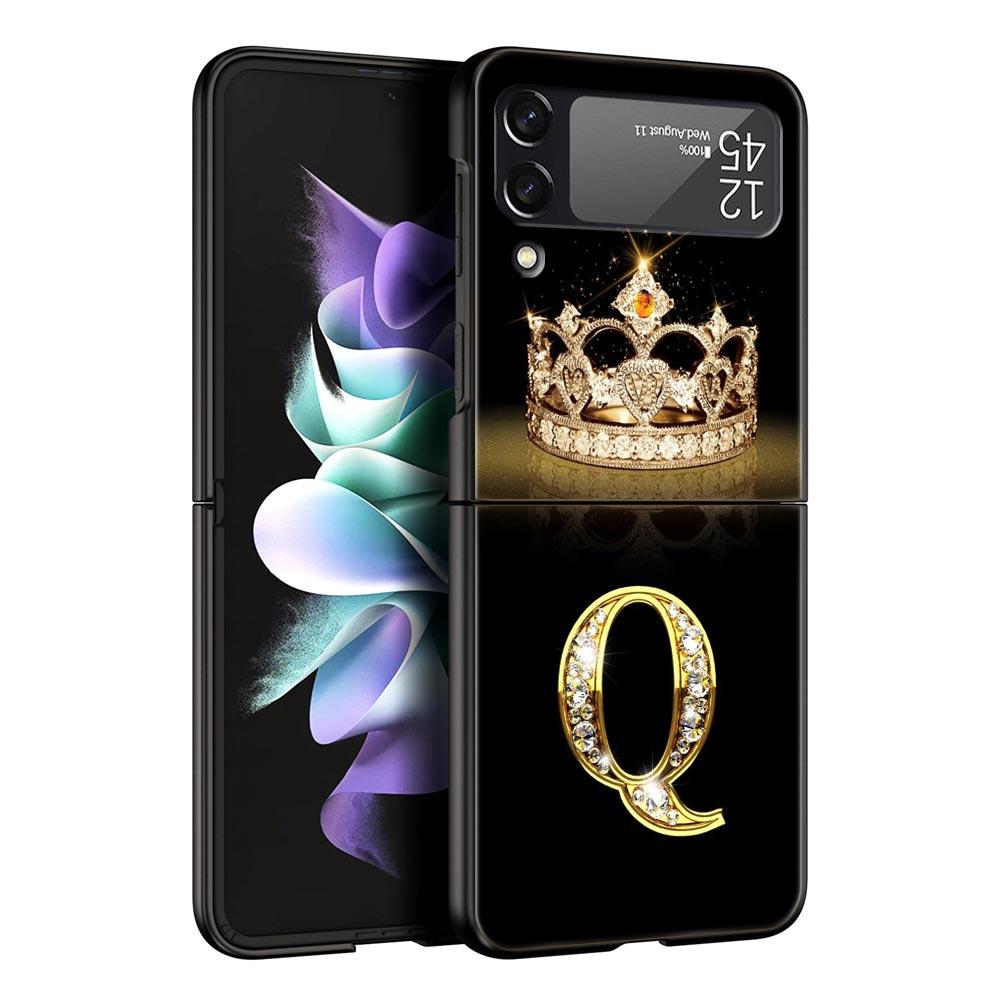 Custodia per Telefono per Samsung Galaxy Z Flip 3 4 5 Pieghevole Guscio Cellulare Duro PC Nero Capa Cover Protettiva Moda Corona di Diamanti Lettera A