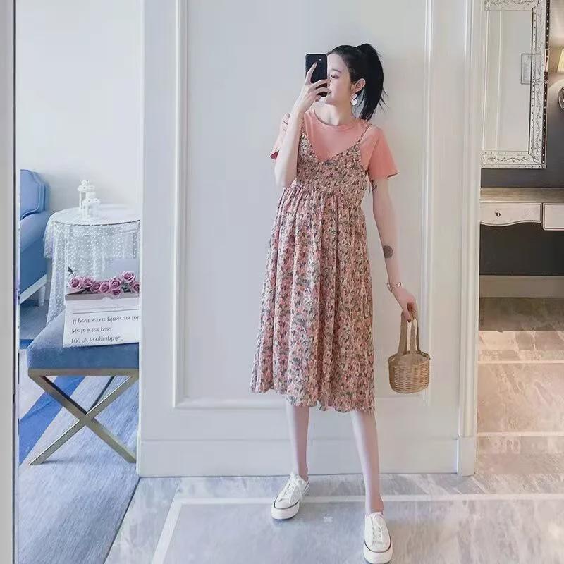 019 Grenzüberschreitendes Sommer-Umstandskleid in Midilänge mit Aufdruck: Kurzärmeliges Chiffon, Falsches zweiteiliges Design