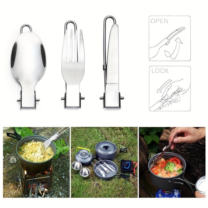Stainless Steel Camping Tableware Set Of 3 With Folding Spoon Fork Knife And Storage Bag, Outdoor Camping Portable Tableware