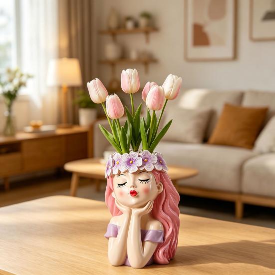Small Fairy Head Planter Resin Girl Face Flower Pot Cute Cactus Pot for Balcony Yard Garden Desk Decor Gift for Women