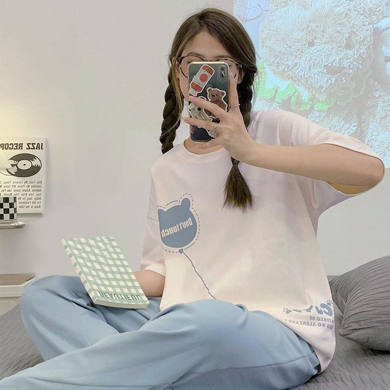 Short-sleeved long pants pajamas women's summer cartoon cute can be worn outside plaid loungewear imitation cotton suit summer thin