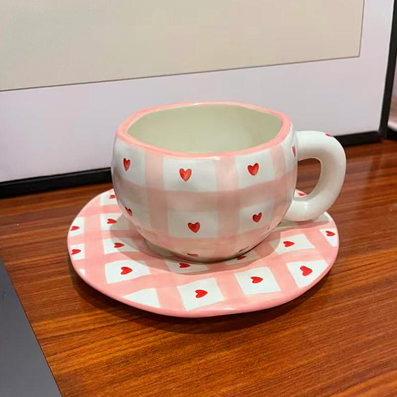 Korean Ins Style Hand-painted Love Ceramic Cup and Saucer Couple, Underglaze Color Irregular Coffee Cup and Saucer Afternoon Tea