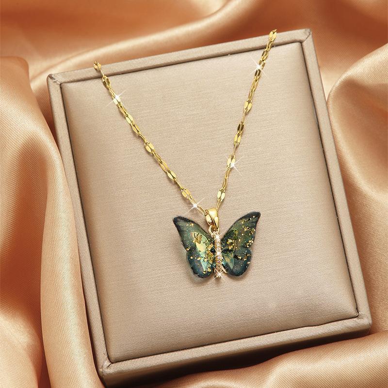 Japanese & Korean Style Gradient Butterfly Zircon Steel Necklace - High-End Non-Fading Women's Clavicle Chain