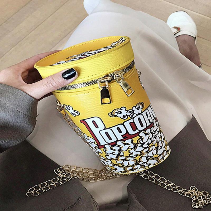 Popcorn Design Bucket Bag, Chain Crossbody Bag, Creative Cylinder Purse For Women, PU Leather Textured Bag Purse, Fancy Fashion Shoulder Bag