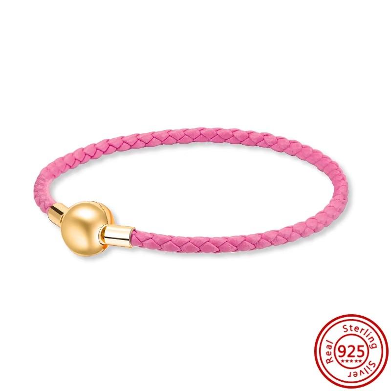 High Quality 100% S925 Sterling Silver Clasp Charm Bead Woven Leather Bracelet for Women & Children's Trendy Gift Jewelry