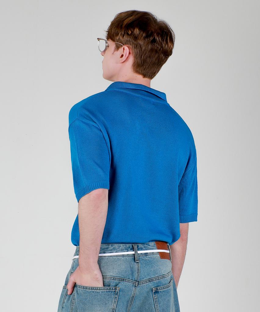 ESN Washable Collared Neck Short Sleeve Knit Blue