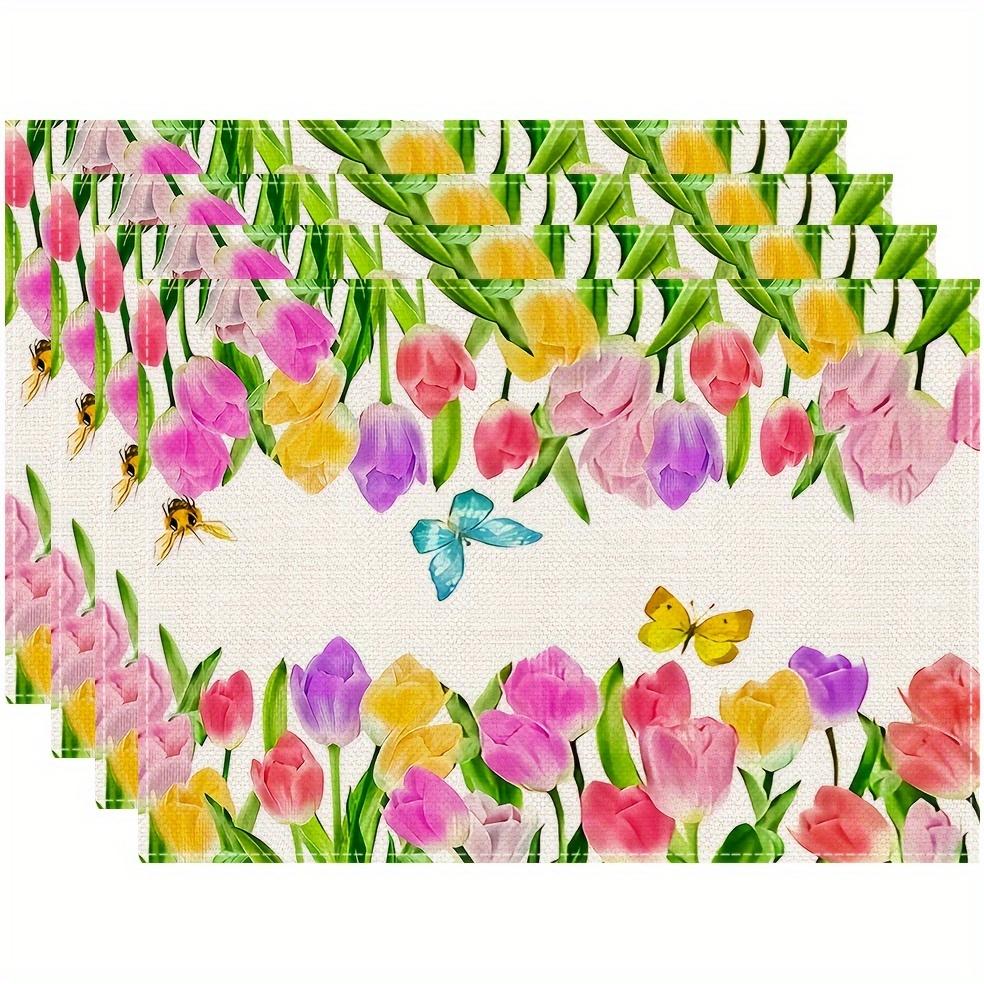 

Tulip Flower Placemats Set Of 1 Linen Fabric Spring Flowers Table Mat Kitchen Decor Modern Home Dining Accessories Pink Purple 4Pcs-30X45cm(12X18in