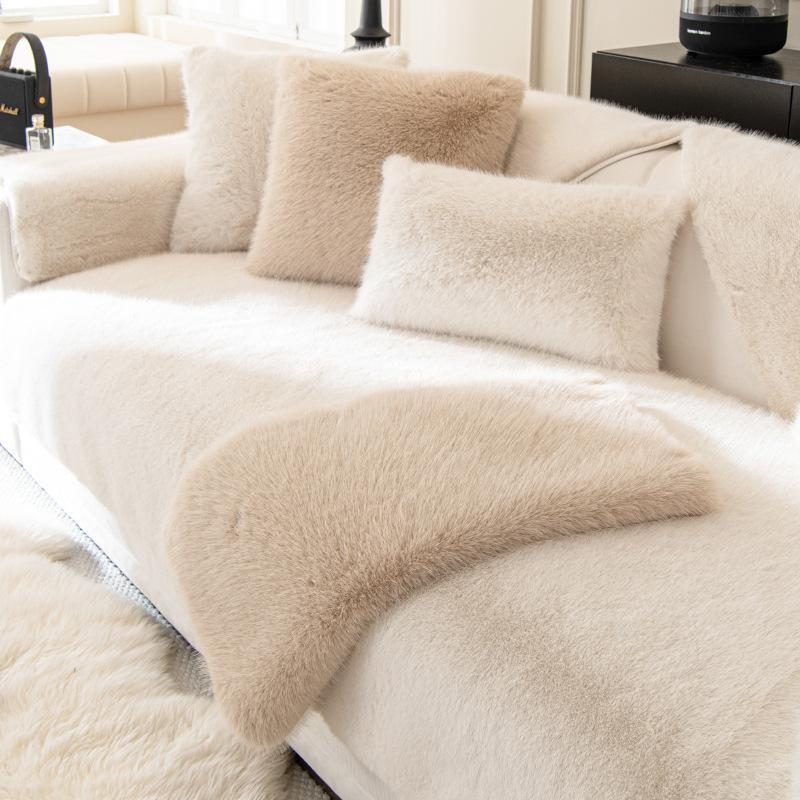 Leichtes Luxus-Kaninchen-Plüsch-Sofakissen, Winter, verdickt, rutschfest, Winterkissen, Leder, Sofabezug