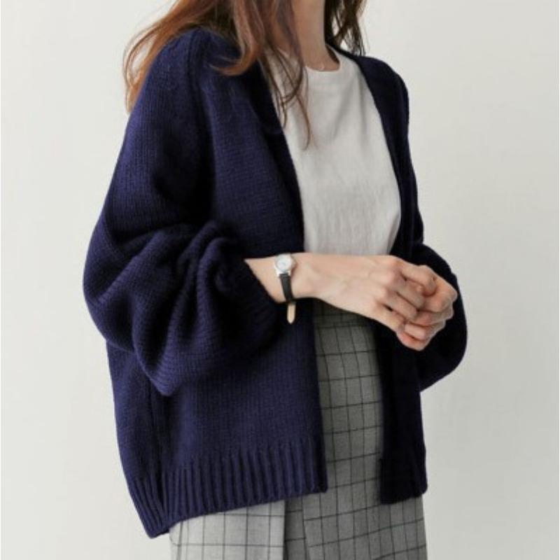 Autumn Winter Solid Color Loose Casual Cardigan Sweater Women V-neck Simple All-match Knitting Jacket Top