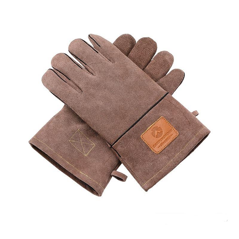 CAMPINGMOON Outdoor Flame-Retardant And Heat-Insulating Double-Layer Detachable Cowhide Fire Gloves