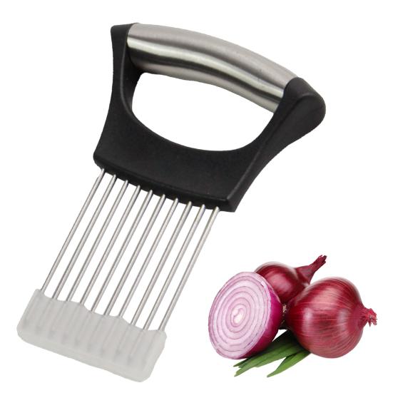 Stainless Steel Onion Slicer Holder with Protective Cover Tomatoes Avocados Potato Kiwifruit Meat Lemon Vegetable Fruit Cutter Chopper Kitchen Gadget