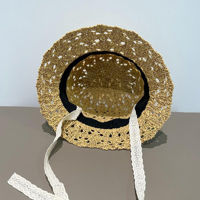 New Lace Strap Basin Hat Women's Hollow Breathable Bucket Hat Summer Beach Seaside Vacation Sun Hat
