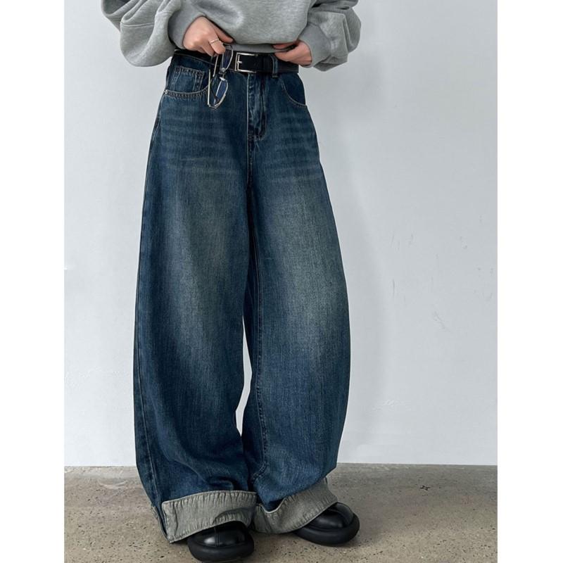 Johnature American Vintage Washed High-waisted Wide-leg Pants Women Rolled Edge Distressed Casual Long Jeans