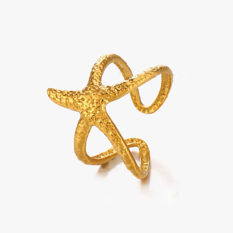 

Stainless Steel Starfish Open Rings For Women Men Fashion Gold Color Irregular Textured Starfish Adjustable Ring Zircon Gift