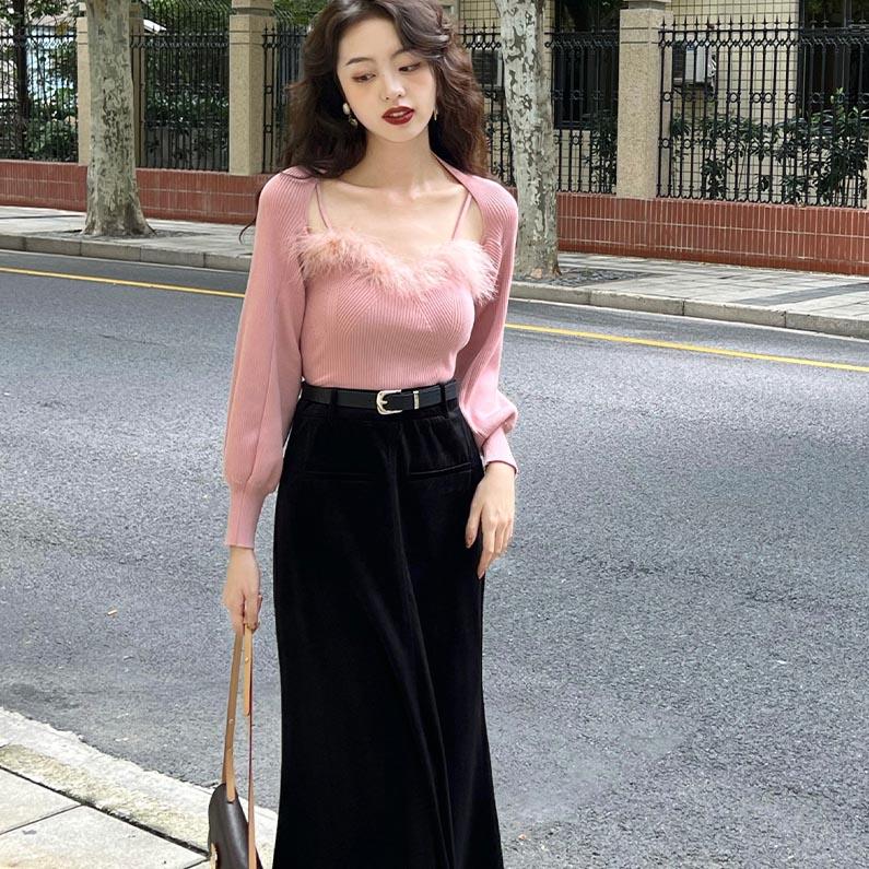 Two- Piece Sweaters Women Korean Fashion Long Sleeve Knitted Cardigan Woman + Fluff Camisole Sweet Camisole Female  C-036