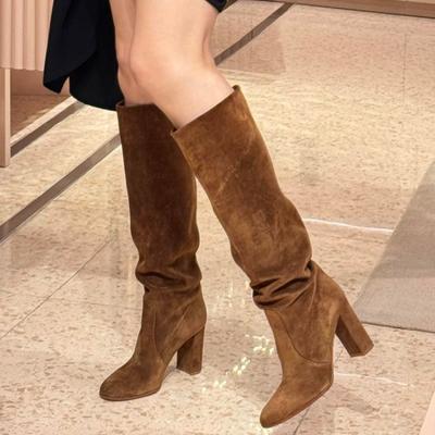 Französische hohe Stiefel Herbst Neu Retro-Stil Spitzzehe Plissee-Schaft Damen Blockabsatz Stapelstiefel
