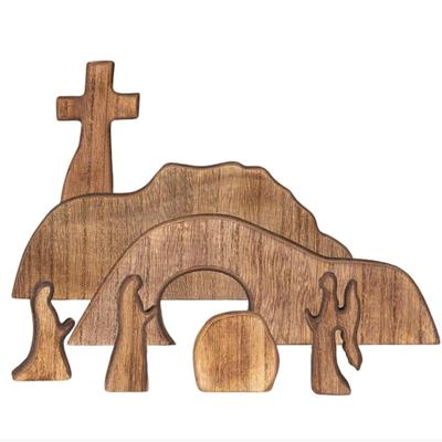 Wooden Easter Tomb Scene Jesus Nativity Scene Wooden Cross Empty Tomb Statue Set Easy Assemble Easter Decor
