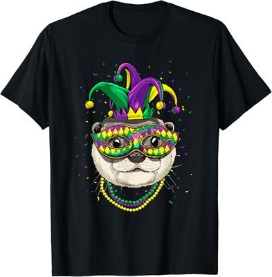 Mardi Gras Otter Maske Perlen Grafikdruck Baumwolle Lässiges T-Shirt für Herren