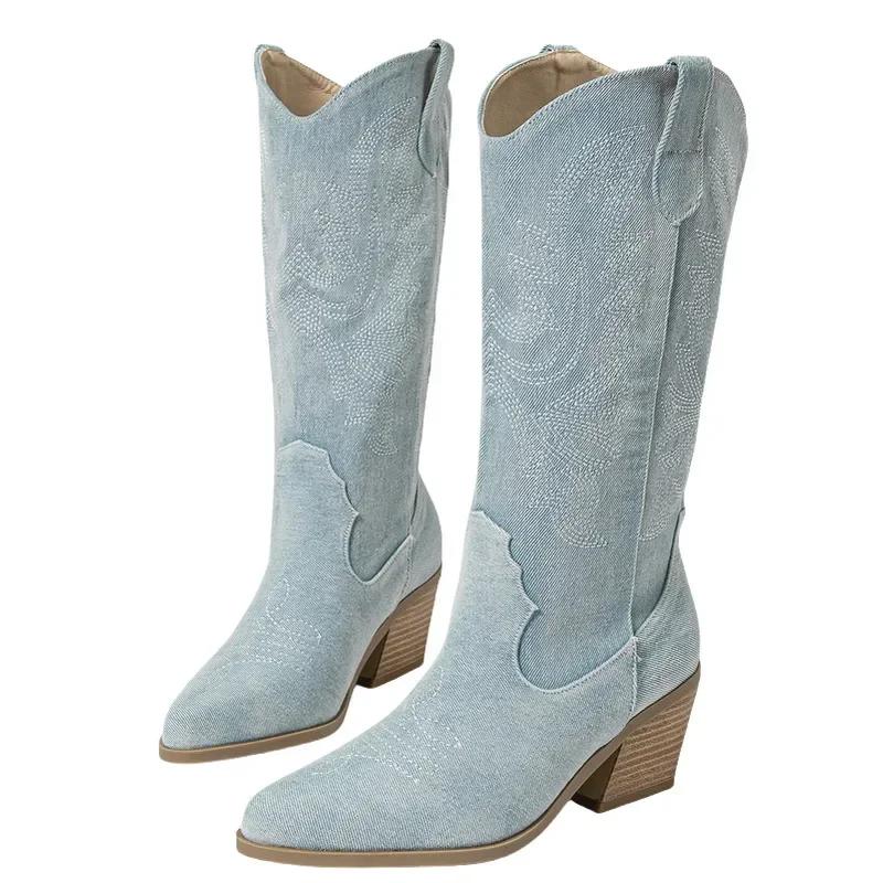 

Women Embroidered Western Knight Boots Thick Heel Mid-calf Boots for Office Business Nightclub Party Banquet 40 світло-синій колір