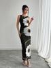 Women's Sleeveless Maxi Dress Round Neck Mid Rise Elegant Mesh Floral Print Sheath Dress