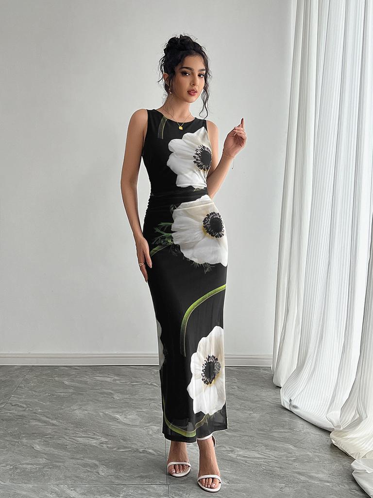 Women's Sleeveless Maxi Dress Round Neck Mid Rise Elegant Mesh Floral Print Sheath Dress