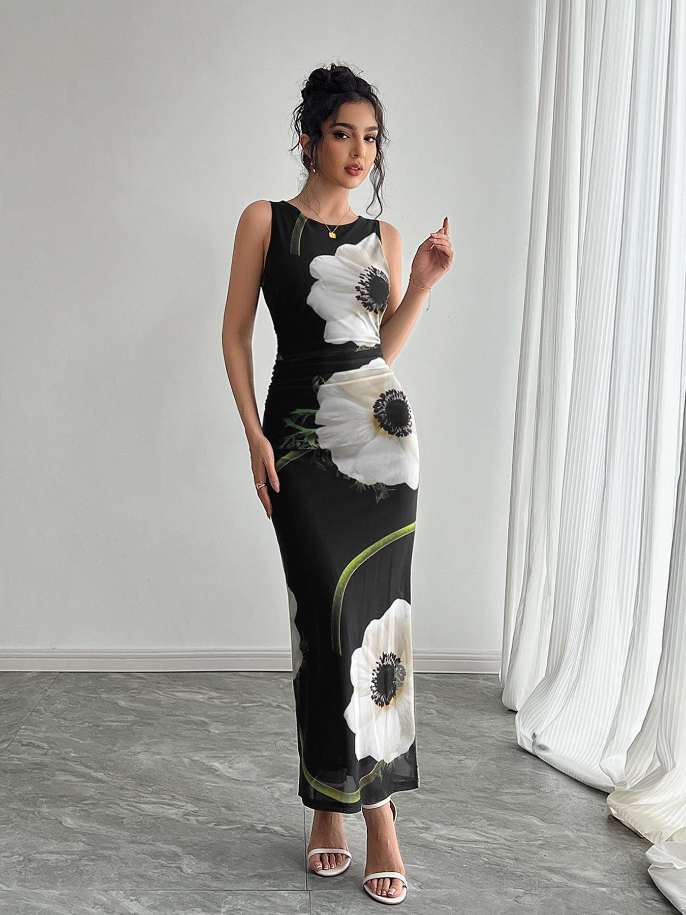 European and American spring and summer new women s black mesh printing sleeveless dress long dress S