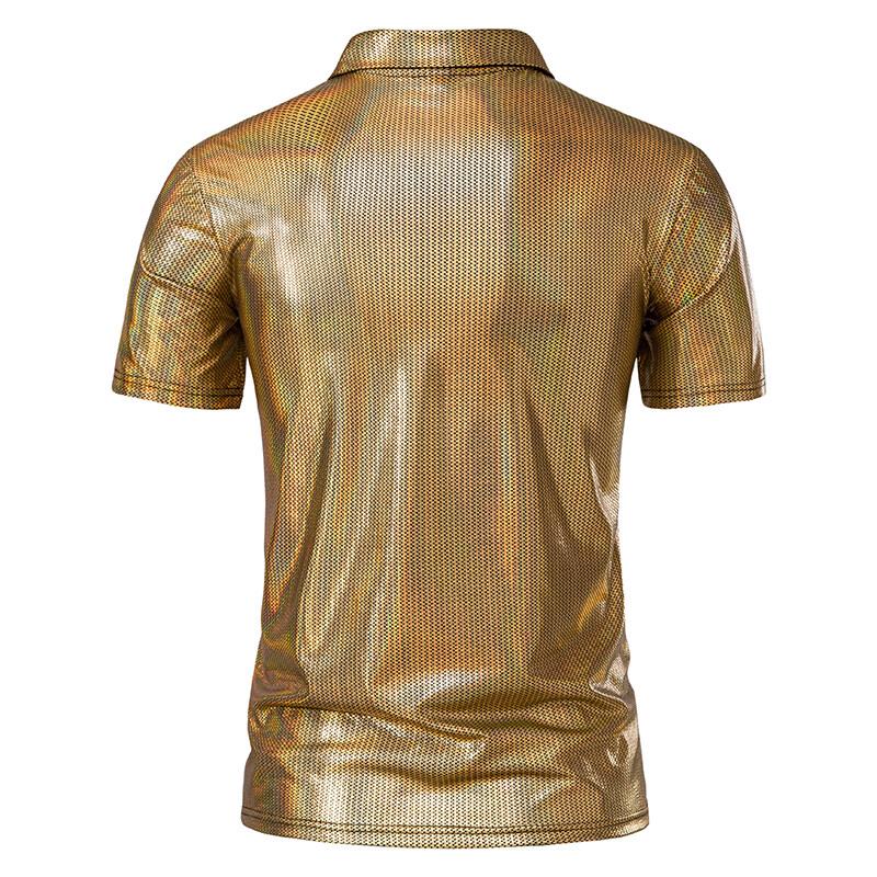 Summer Men's Short Sleeve Polo Shirt Shiny Metallic Streetwear Lapel T-shirts Men Gold Stage Costume Disco Party NightClub Tops