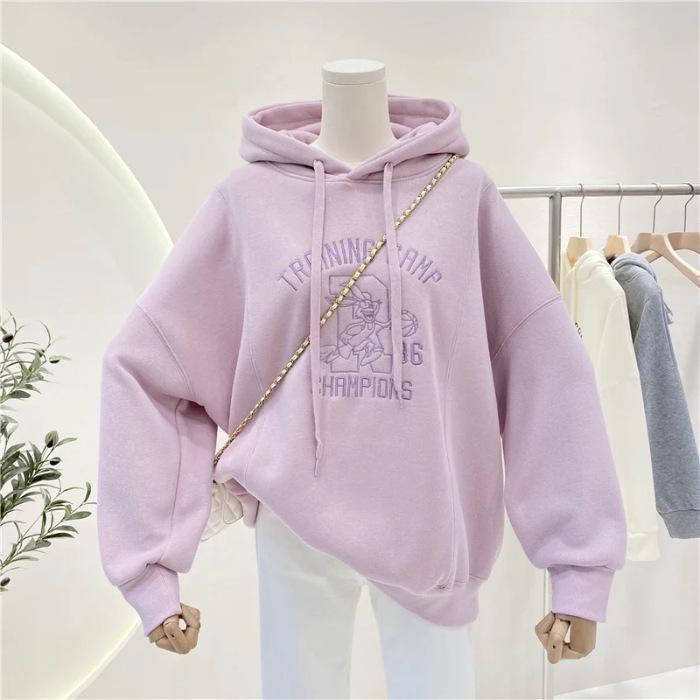 Embroidered Flower Velvet Hooded Sweater - Women's Autumn/Winter Cartoon Anime Design