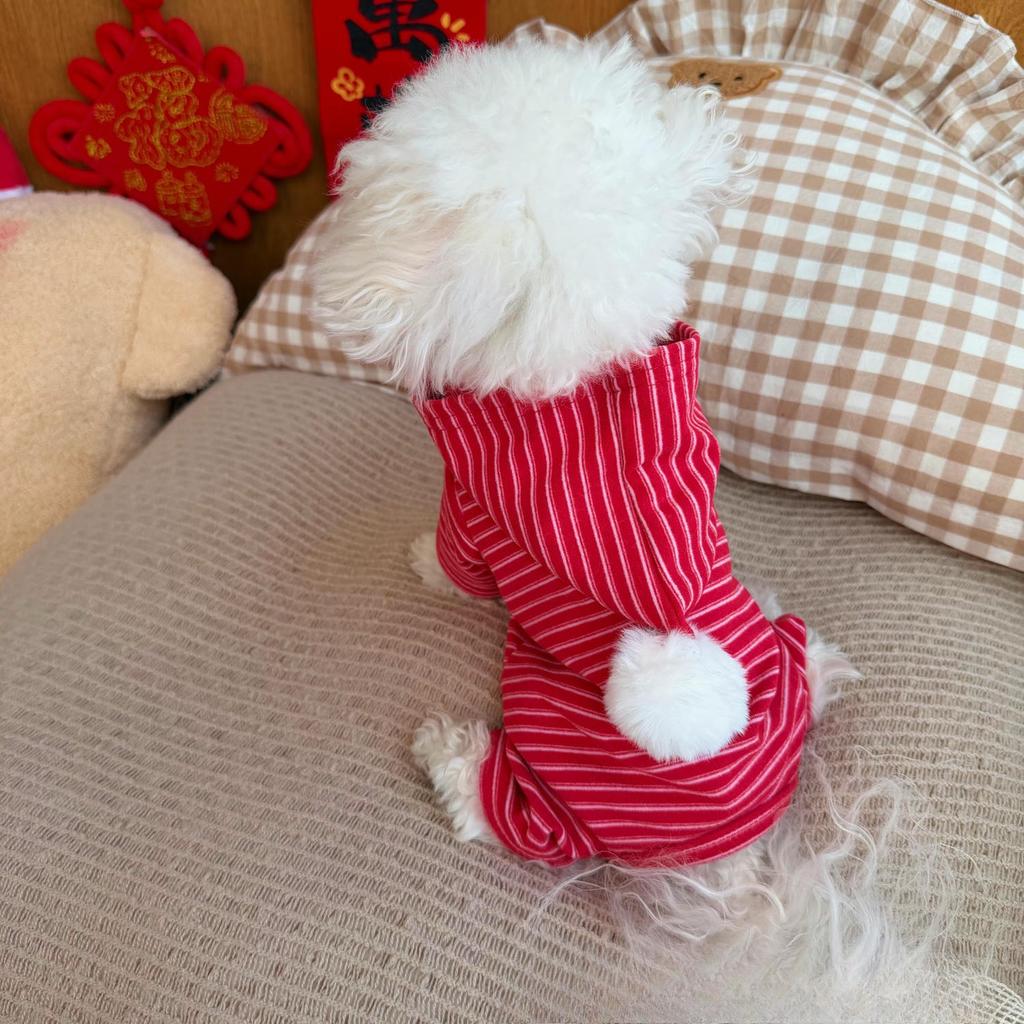 Pet Autumn and Winter Jumpsuit Striped Base Shirt Cat Warm Hooded Home Pajamas Puppy Clothes for Small Dogs