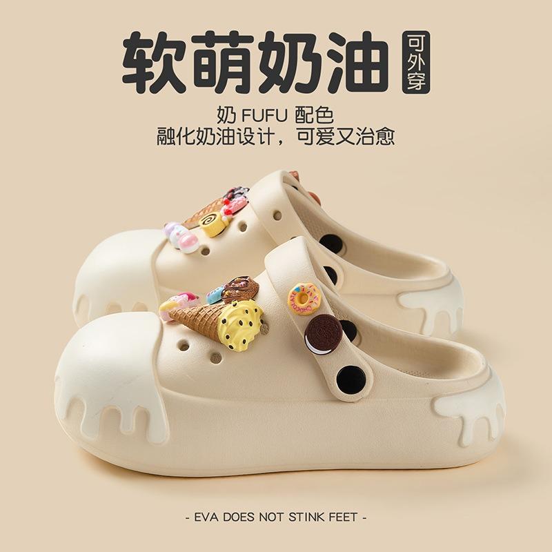 Cream Hole Shoes Women's Summer Color Matching DIY Ice Cream Beach Shoes Bag Head Wearing Fashion Slippers Women