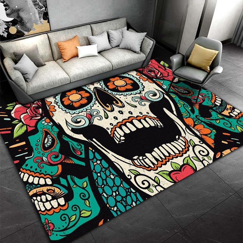 Colorful Sugar Skull Pattern Area Rug with Floral Artistic Design Suitable for use as an anti-slip for living room bedroom sofas