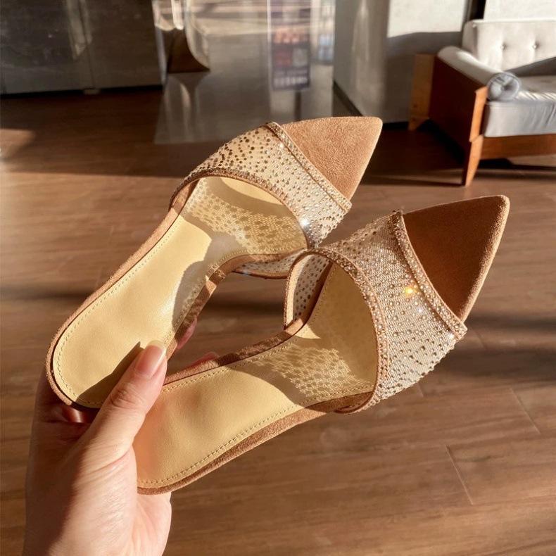 Fashion Spring and Summer New Rhinestone Word with Temperament Nude White Slippers Comfortable High-grade