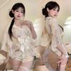 SENMHS Sexy Yukata Cosplay Kimono Japanese Style Lingerie Set and One Size Fits Most Cosplay Costume Babydoll Cute Japanese Style 4-Piece [Beige]