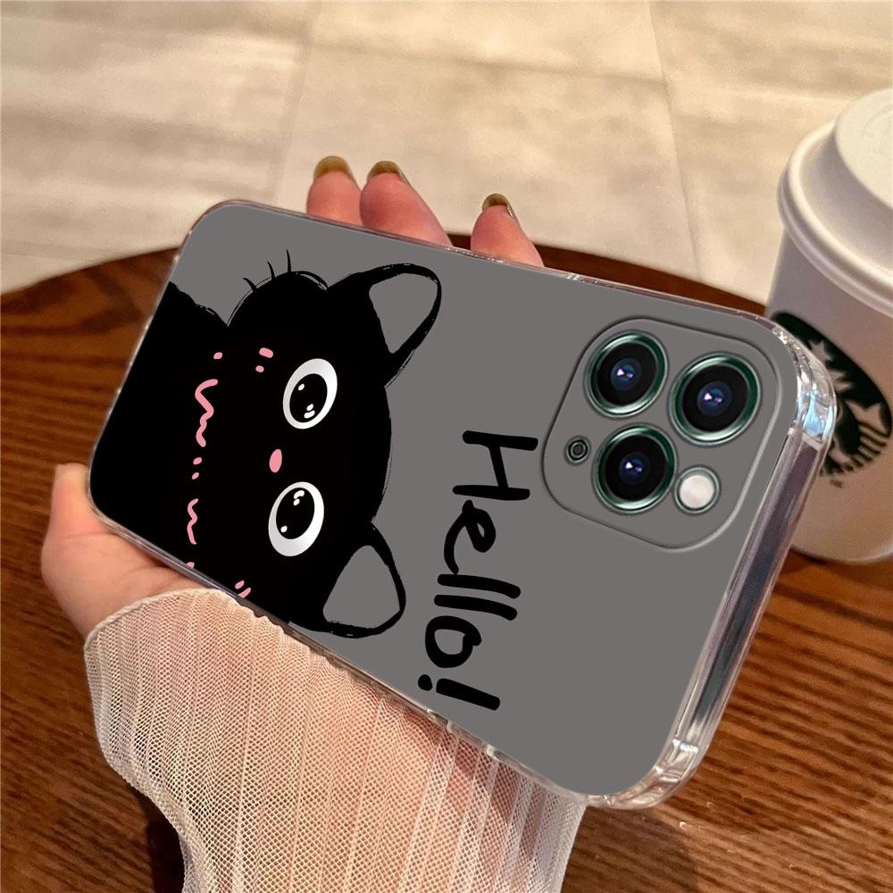 Cute Cat Hello Case For Apple iPhone 17 16 15 14 13 12 11 Pro Max 16 Plus 16E 17Air 17Pro Phone Cover Silicone Funda Black Cats