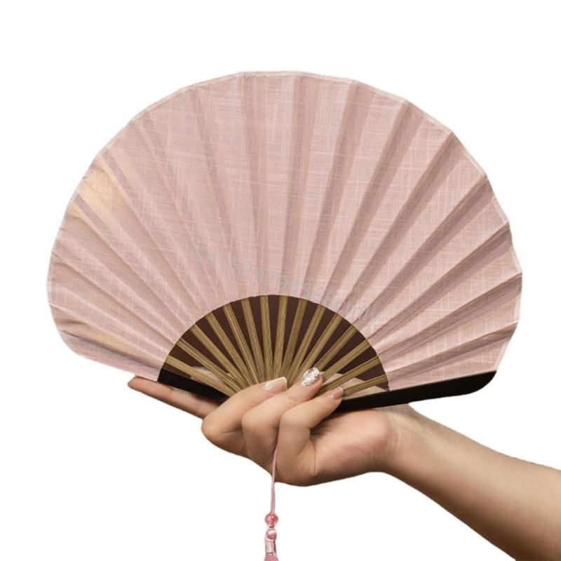 Solid Color Shell Fan Natural Fiber Fabric Foldable Breathable Handheld Retro Cooling Fan 6XDE