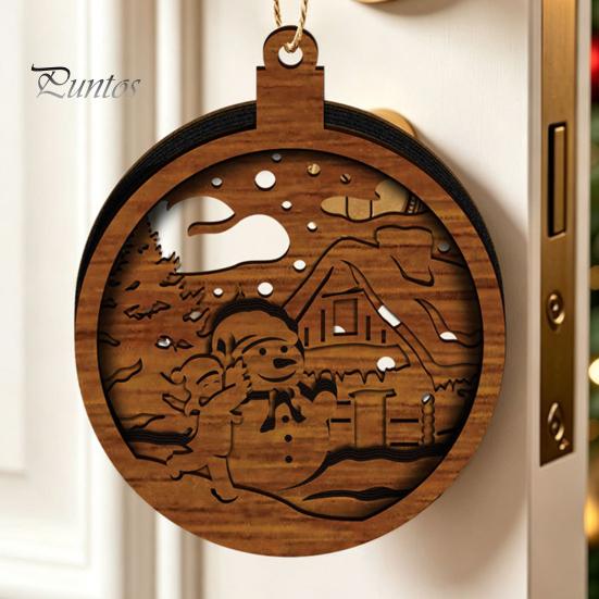 Warm Light Christmas Tree Ornaments 3D Wooden Up Ornament, Layered House Snowman Rustic Holiday Decorations Nativity Scene Hanging Decoration for Xmas
