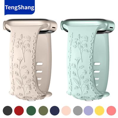 Flowers Engraved Band Strap for Apple Watch Band 44mm 40mm 45mm 41mm 42mm 38mm Silicone Solo Loop Bracelet iWatch 9 8 Ultra 2 SE 3 7 6 5