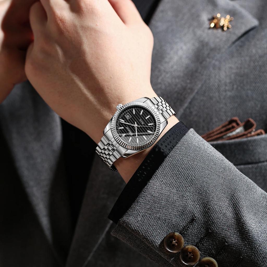 Silver Watches for Men Luxury Top Brand Business Casual Quartz Mens Watches Waterproof 3Bar Calendar Classic Design Gift Clock