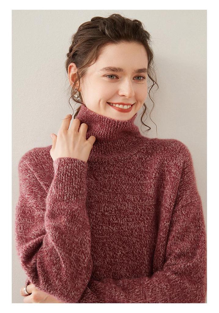 Women's Heathered Cashmere Sweater - High Neck, Raglan Sleeves, Soft & Skin-Friendly, Loose Knitwear