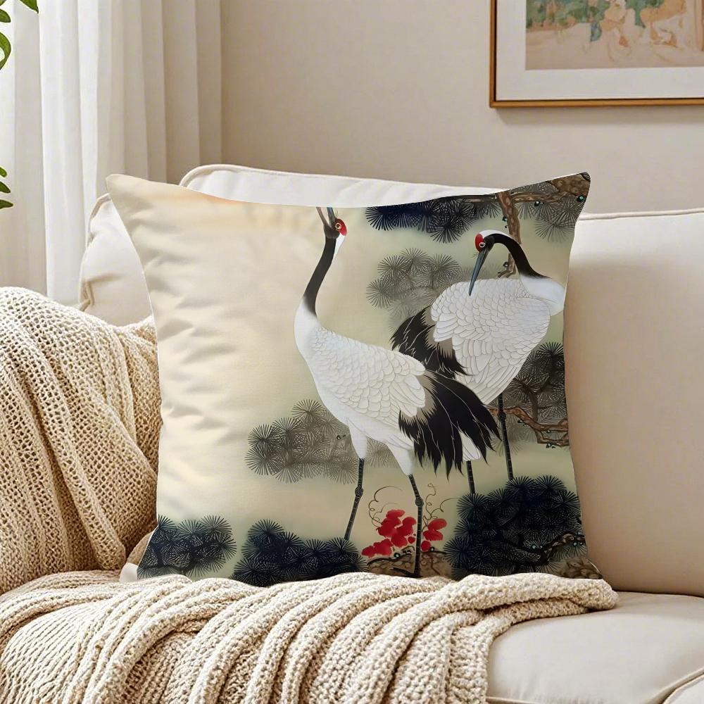 Chinese Classical Elegant Red Crowned Cranes Art  Cushion Cover Pillowcase Antidustmite Living Room Sofa Decor Cushion Room