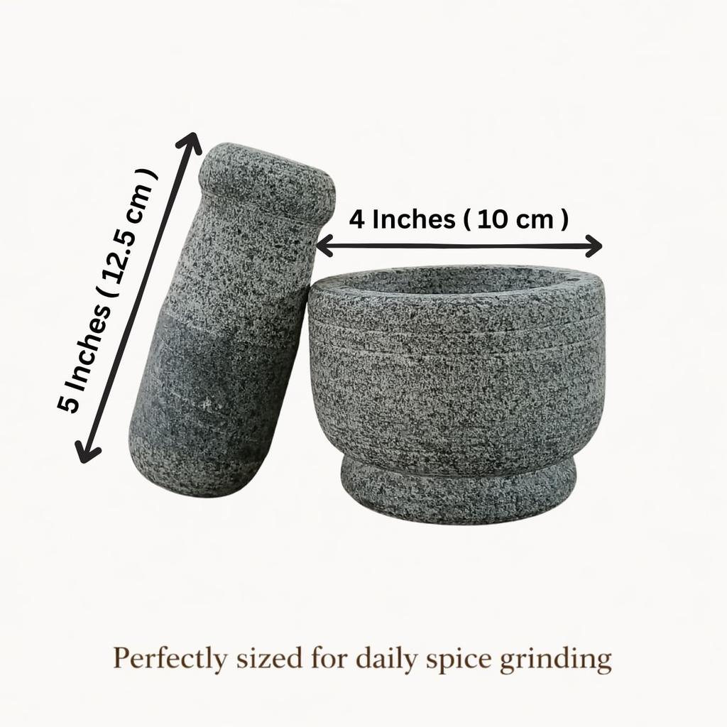 Granite Stone Mortar and Pestle Set for Kitchen | Handcrafted Okhli Musal for Grinding & Mixing | 4 inch