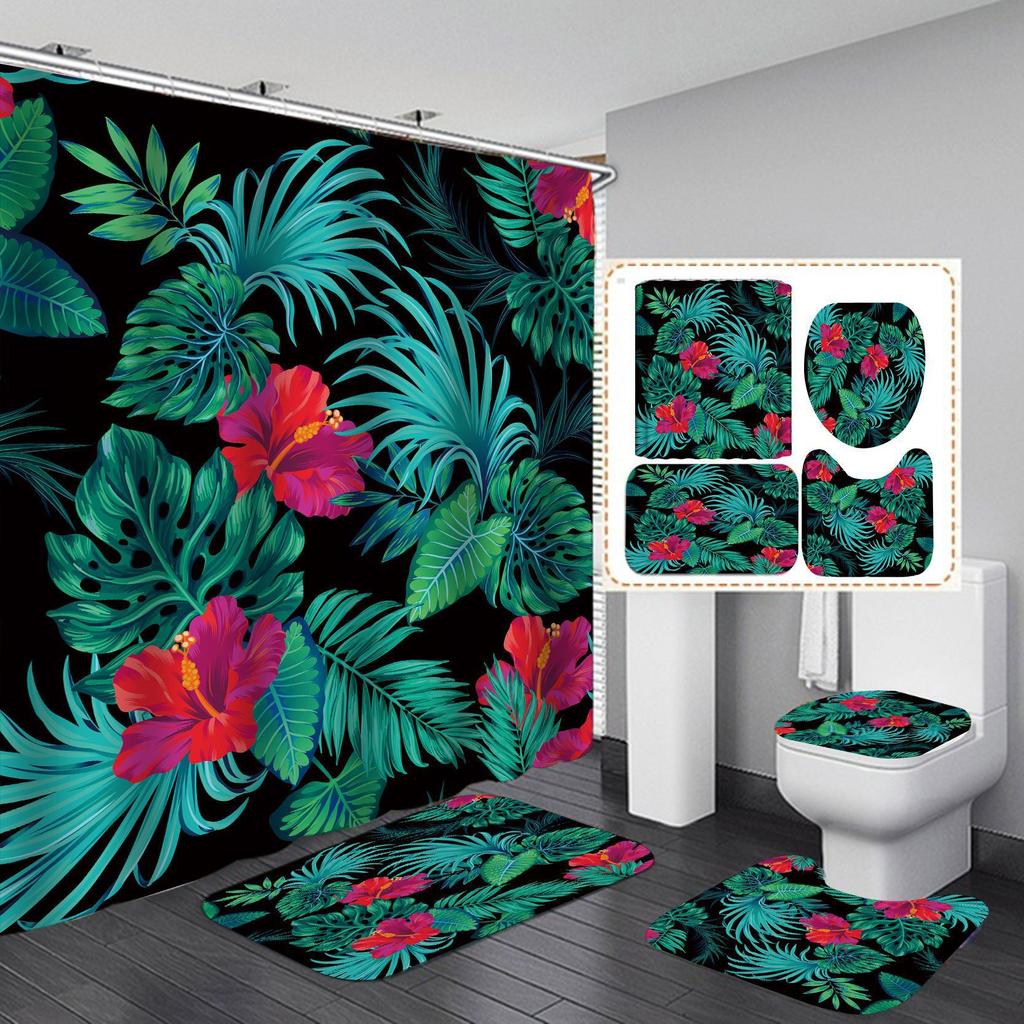 3D Digital Printing Polyester Flower Bathroom Four-Piece Shower Curtain Direct Supply Curtain