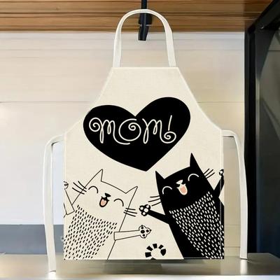 1pc Mom Heart Cats Apron Cute Cartoon Black White Kitten Kitchen Cooking Baking Chef Gift For Mother Mommy Linen Bib Apron