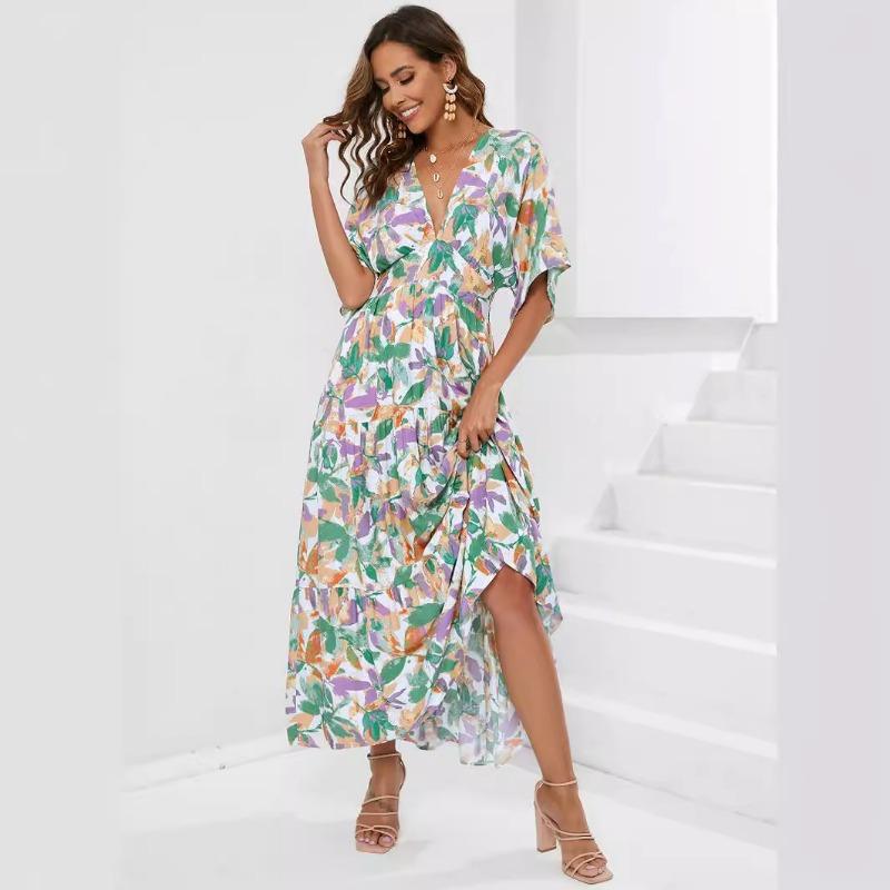 YYFS Dámská móda Léto Jaro Květinový potisk Neformální šaty s krátkým rukávem a výstřihem do V s vysokým pasem