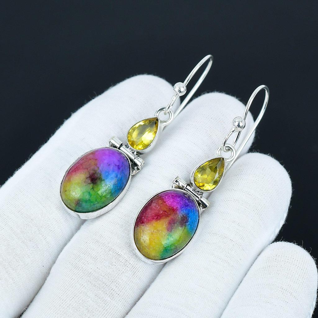 Rainbow Solar Quartz & Citrine Gemstone Earrings, 925 Sterling Silver Earrings Boho Jewelry, Dangle Drop Earrings For Anniversary Gifts