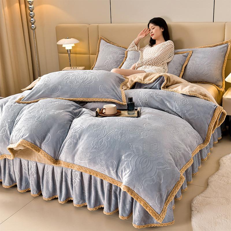 Class A Maternal And Infant Grade High-Gram Carved Fleece Milk Fleece Bed Skirt4-Pcs Set, Winter Double-Sided Fleece Quilt Cover