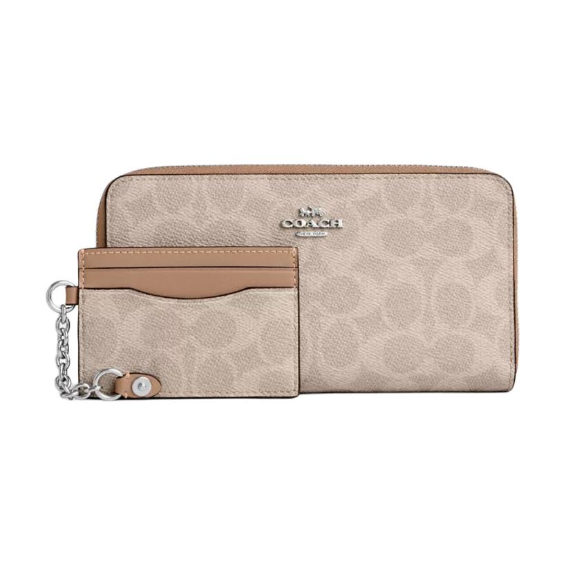 Coach Zip Around 19 Logo Print Coated Canvas Wallet Women Wallet Silver Beige Gray CBZ99-SVPWH